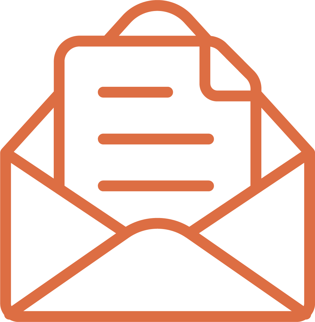 Line icon of an envelope with a document, representing WJMC’s email communication channel.