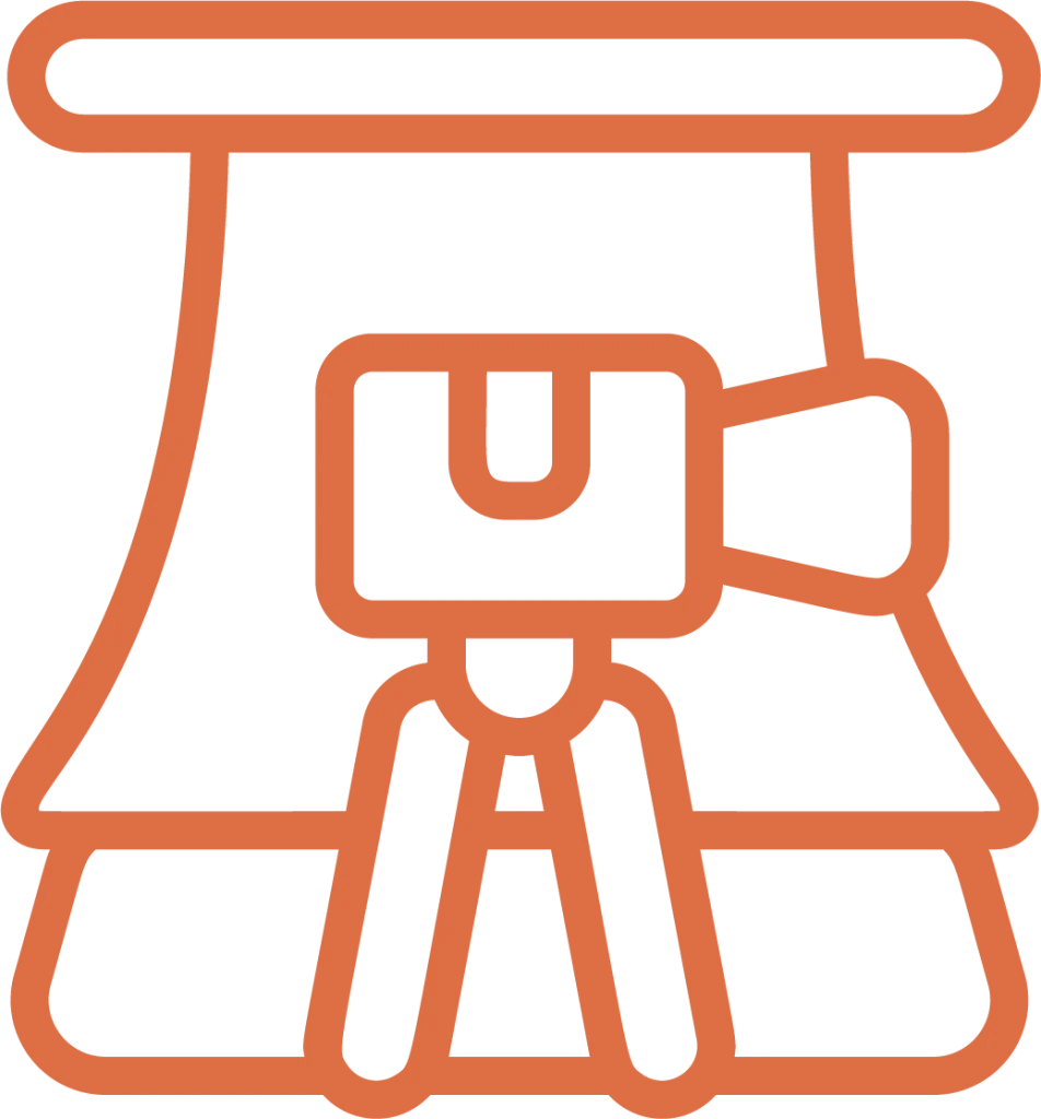 Line icon of a camera on a tripod representing WJMC’s professional photography and videography studio.